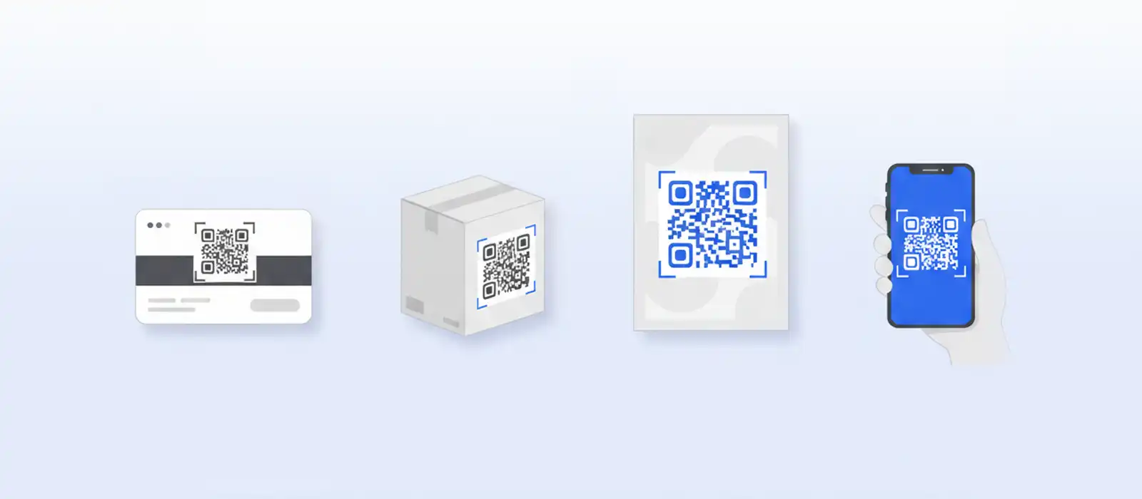 Quatro estilos de QR Code aplicados em materiais diferentes